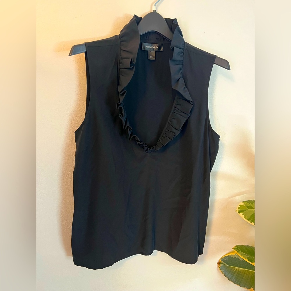 St. John silk blouse with ruffled collar, black.